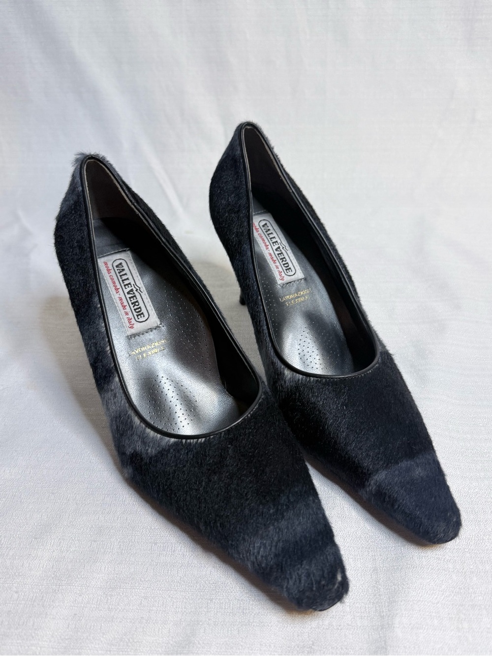 Rare Vintage Valleverde Nancy Heels 37 US 6.5-7 Black Hair-On-Hide Italy NWOT